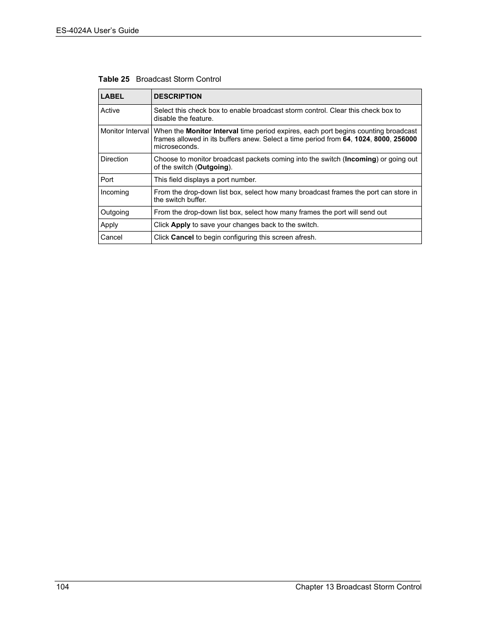 Table 25 broadcast storm control | ZyXEL Communications ZyXEL Dimension ES-4024 User Manual | Page 105 / 284