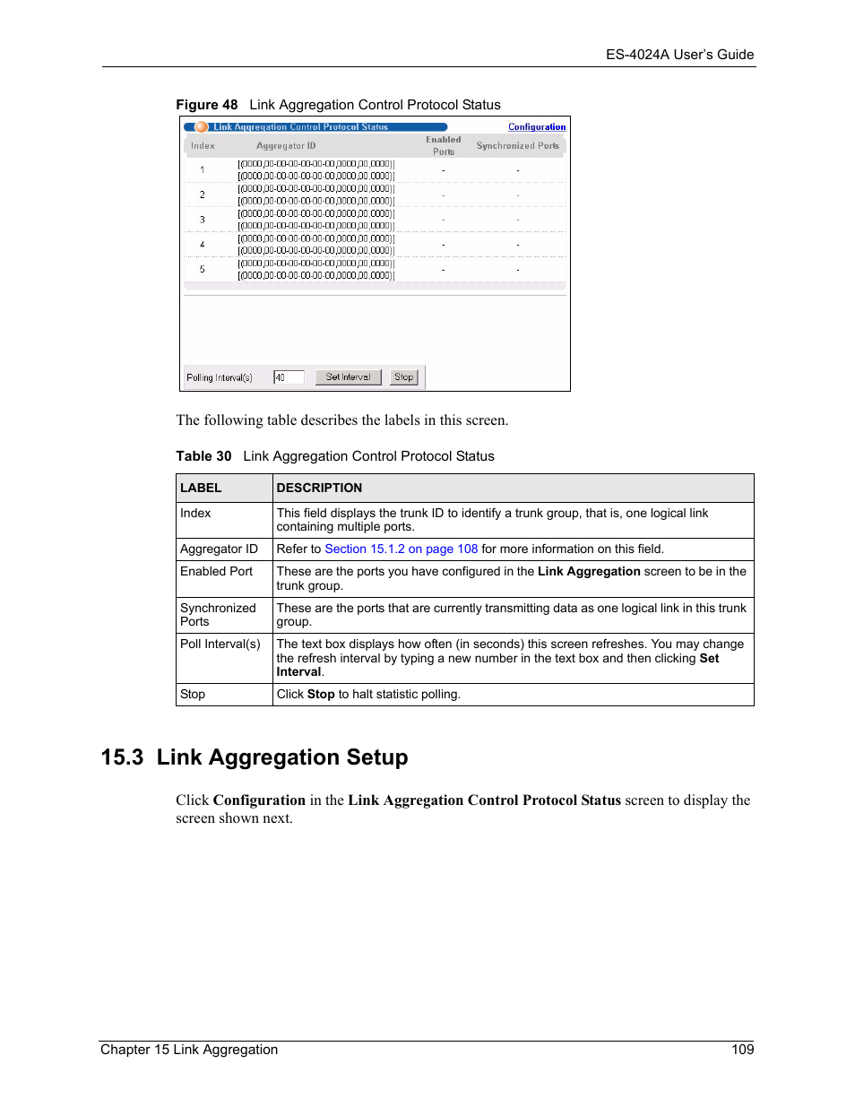 3 link aggregation setup, Figure 48 link aggregation control protocol status, Table 30 link aggregation control protocol status | ZyXEL Communications ZyXEL Dimension ES-4024 User Manual | Page 110 / 284