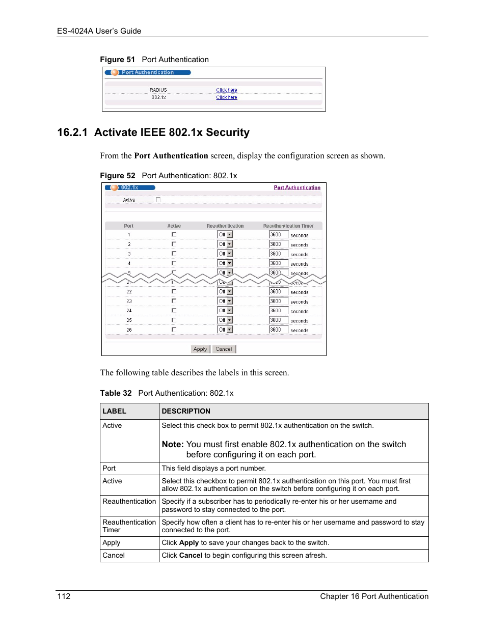 1 activate ieee 802.1x security, Table 32 port authentication: 802.1x | ZyXEL Communications ZyXEL Dimension ES-4024 User Manual | Page 113 / 284