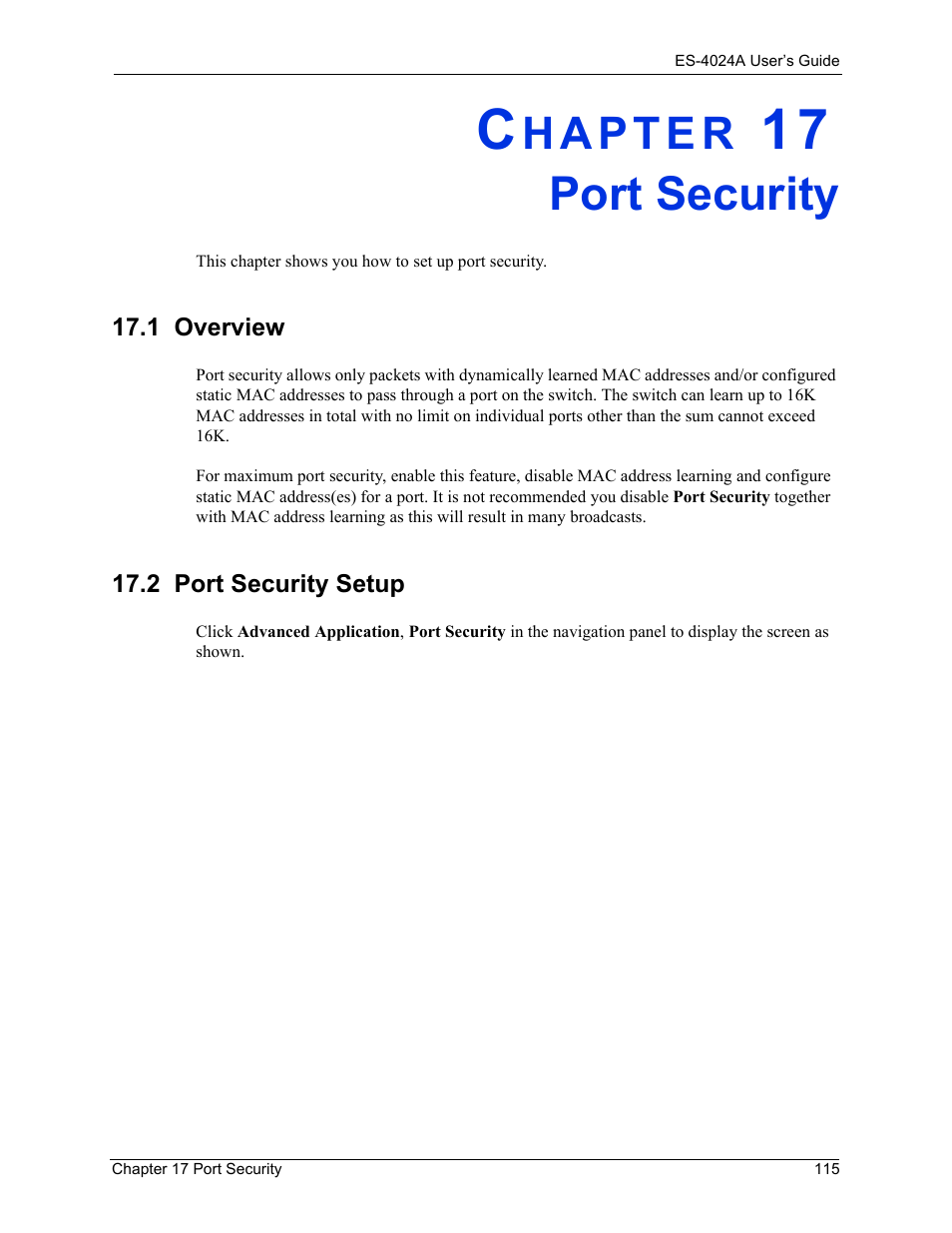 Port security, 1 overview, 2 port security setup | Chapter 17 port security, 1 overview 17.2 port security setup | ZyXEL Communications ZyXEL Dimension ES-4024 User Manual | Page 116 / 284