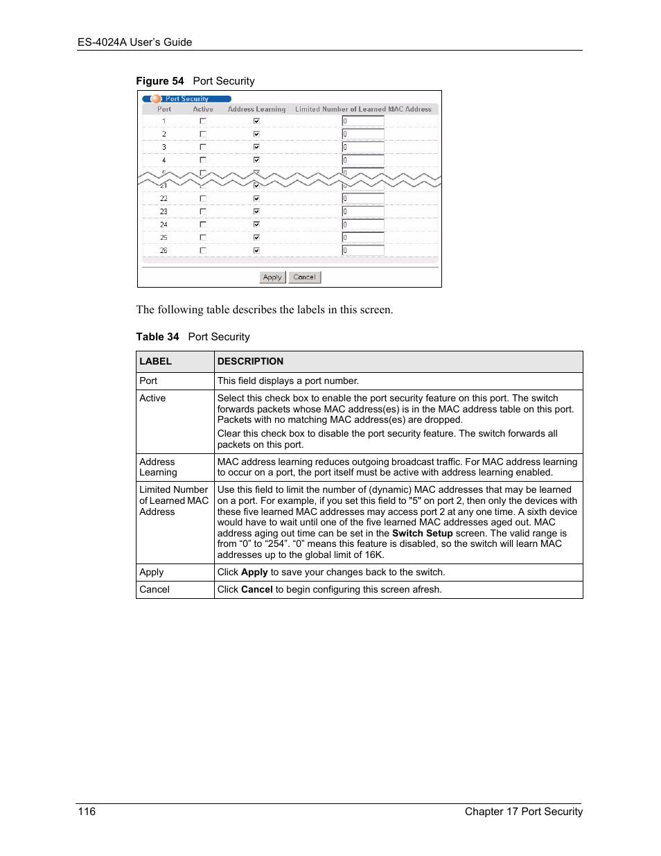 Figure 54 port security, Table 34 port security | ZyXEL Communications ZyXEL Dimension ES-4024 User Manual | Page 117 / 284