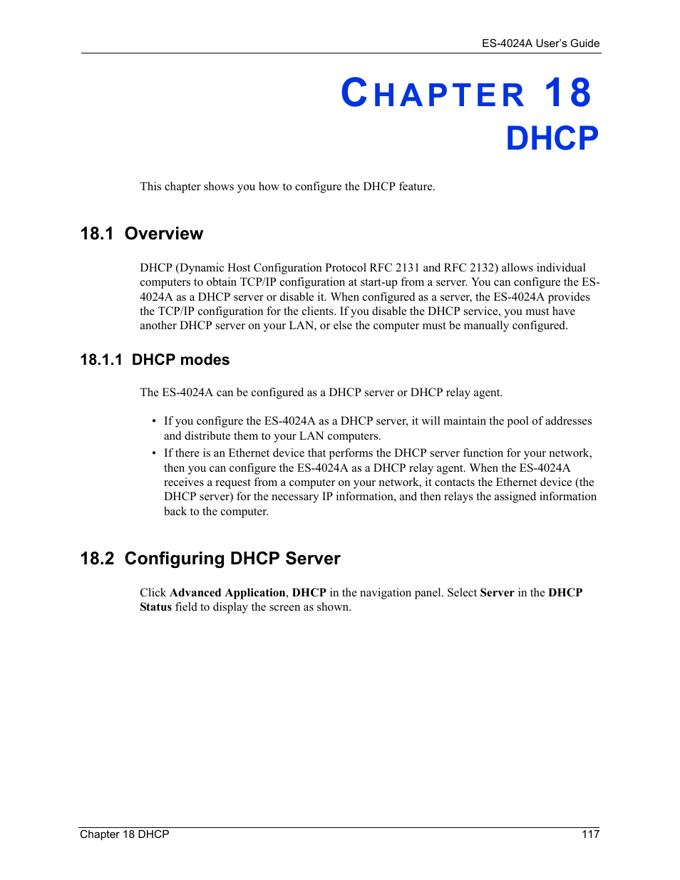 Dhcp, 1 overview, 1 dhcp modes | 2 configuring dhcp server, Chapter 18 dhcp | ZyXEL Communications ZyXEL Dimension ES-4024 User Manual | Page 118 / 284
