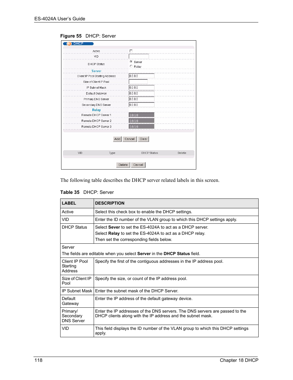 Figure 55 dhcp: server, Table 35 dhcp: server | ZyXEL Communications ZyXEL Dimension ES-4024 User Manual | Page 119 / 284