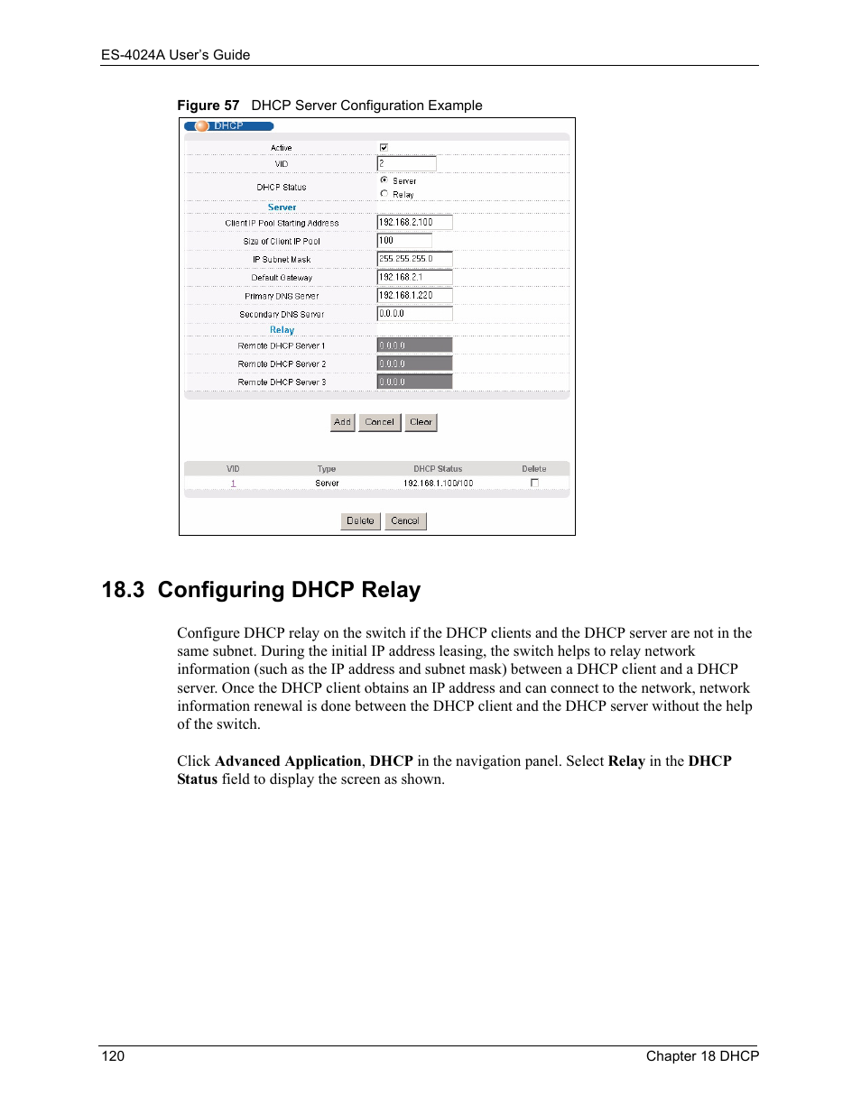 3 configuring dhcp relay, Figure 57 dhcp server configuration example | ZyXEL Communications ZyXEL Dimension ES-4024 User Manual | Page 121 / 284