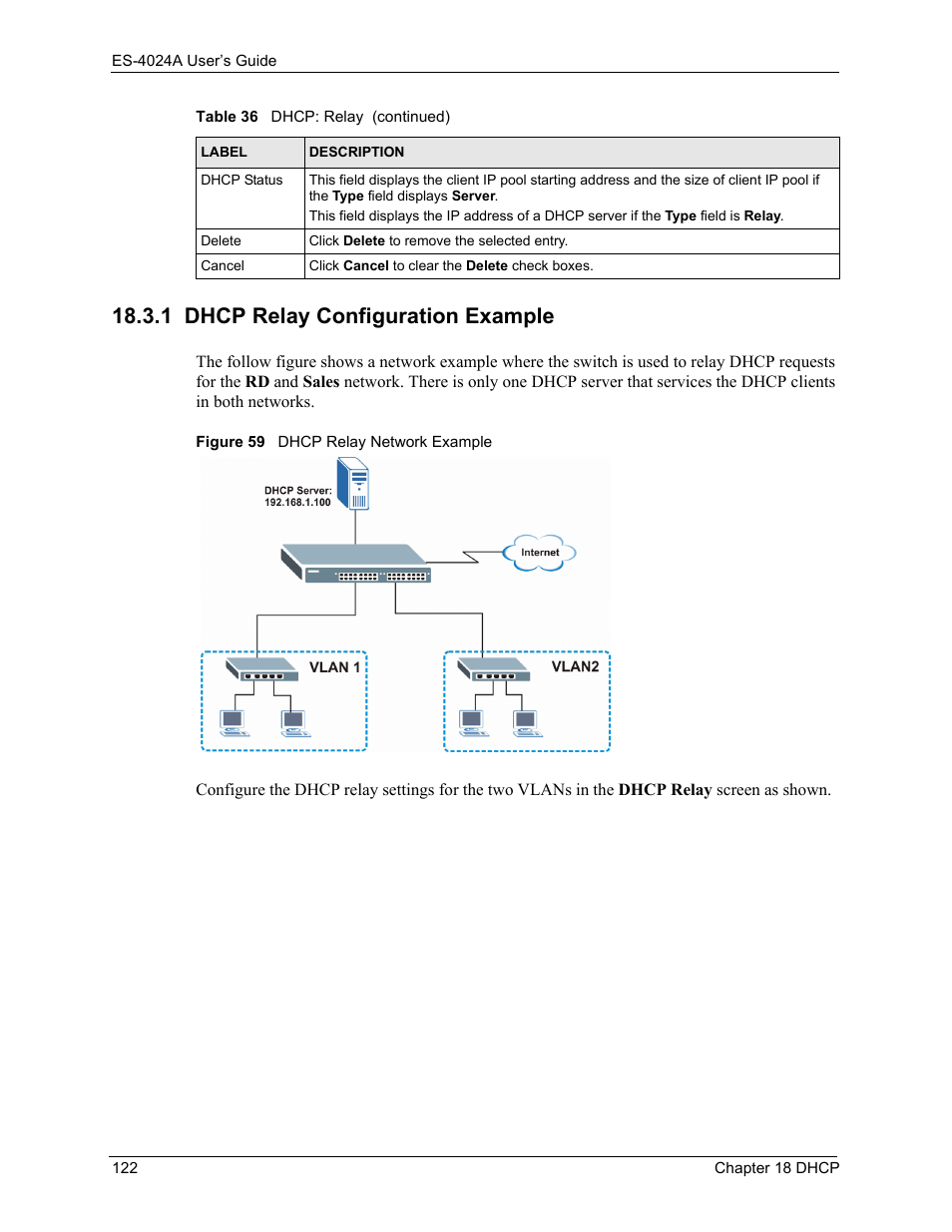 1 dhcp relay configuration example, Figure 59 dhcp relay network example | ZyXEL Communications ZyXEL Dimension ES-4024 User Manual | Page 123 / 284