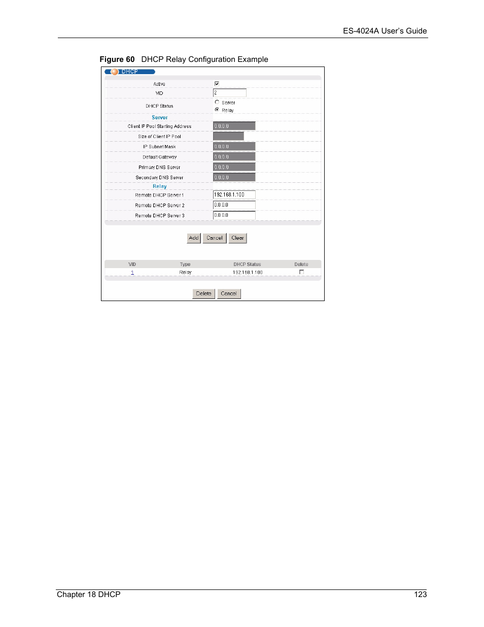 Figure 60 dhcp relay configuration example | ZyXEL Communications ZyXEL Dimension ES-4024 User Manual | Page 124 / 284