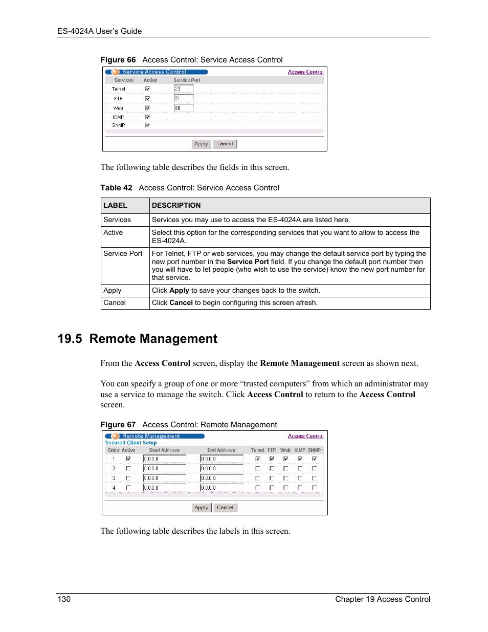 5 remote management, Table 42 access control: service access control | ZyXEL Communications ZyXEL Dimension ES-4024 User Manual | Page 131 / 284