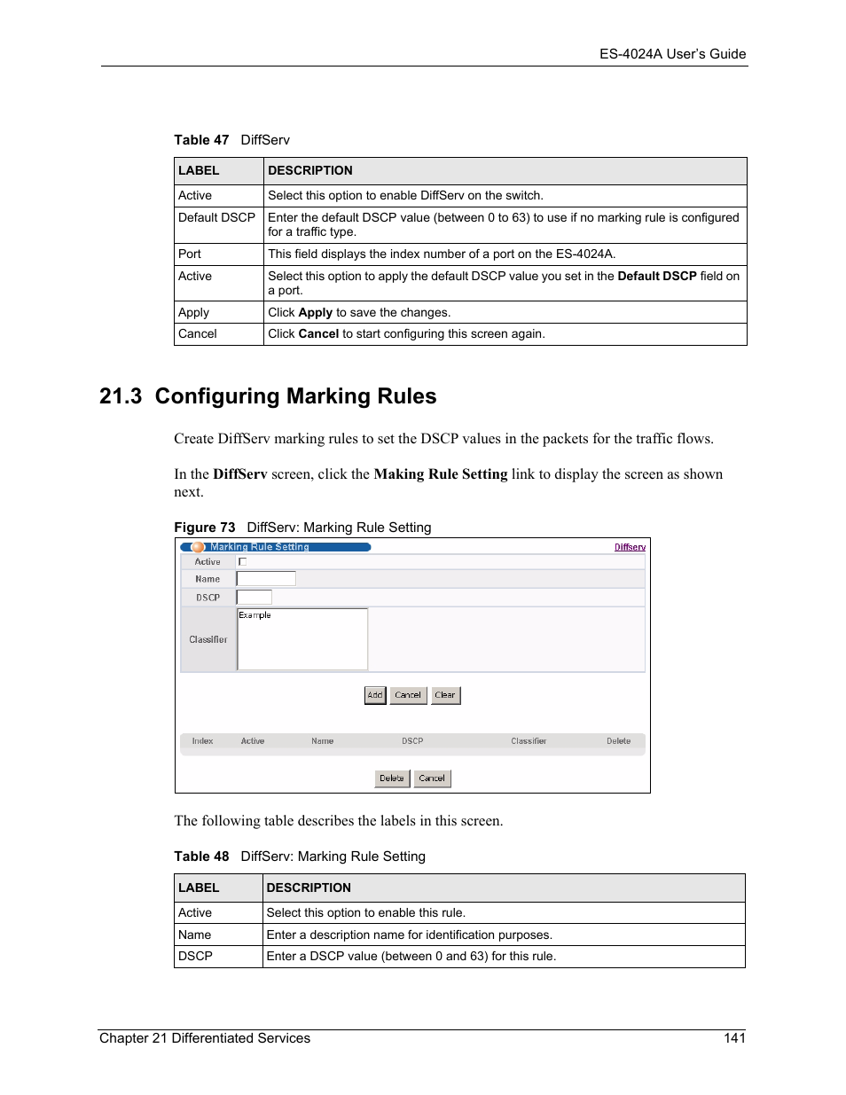 3 configuring marking rules, Figure 73 diffserv: marking rule setting | ZyXEL Communications ZyXEL Dimension ES-4024 User Manual | Page 142 / 284