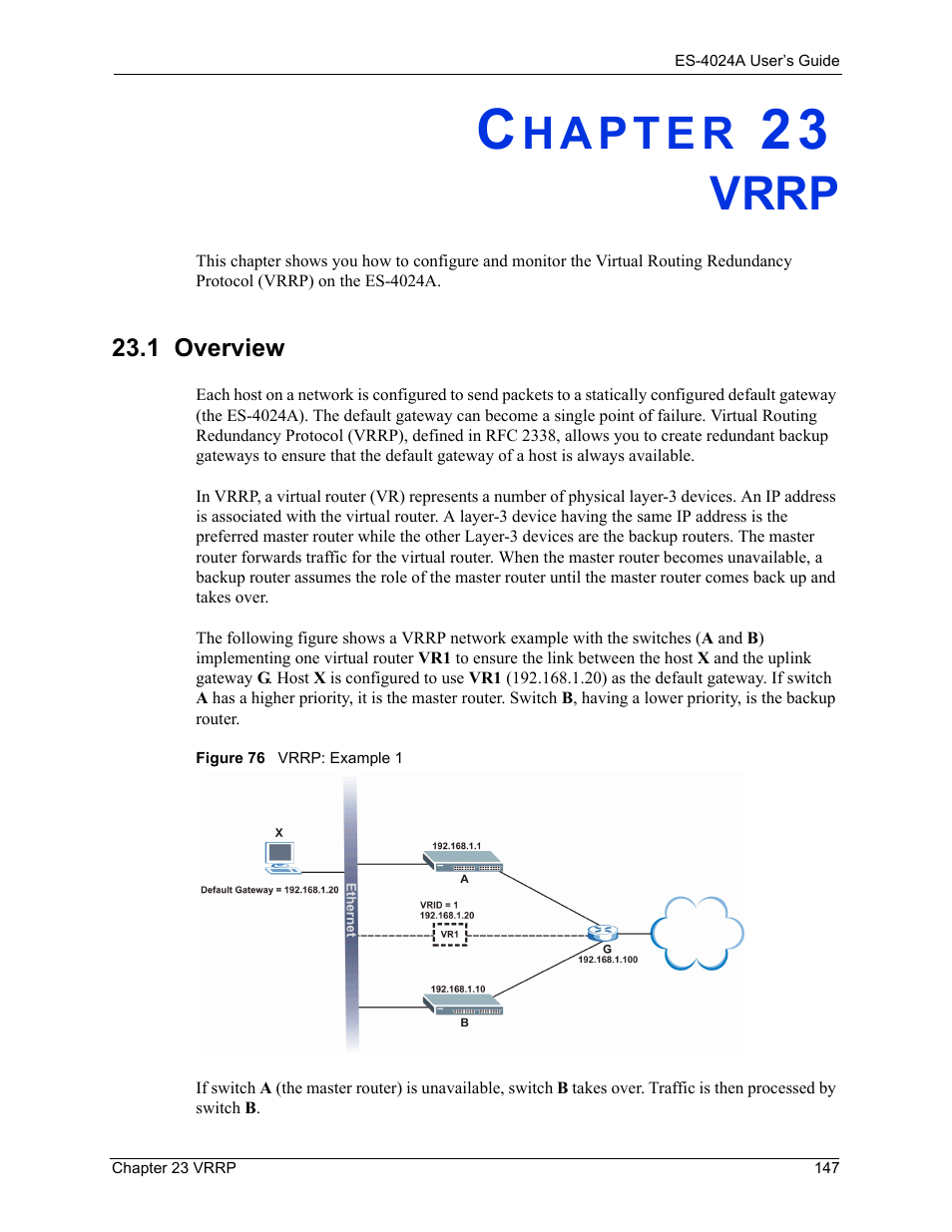 Vrrp, 1 overview, Chapter 23 vrrp | Figure 76 vrrp: example 1 | ZyXEL Communications ZyXEL Dimension ES-4024 User Manual | Page 148 / 284