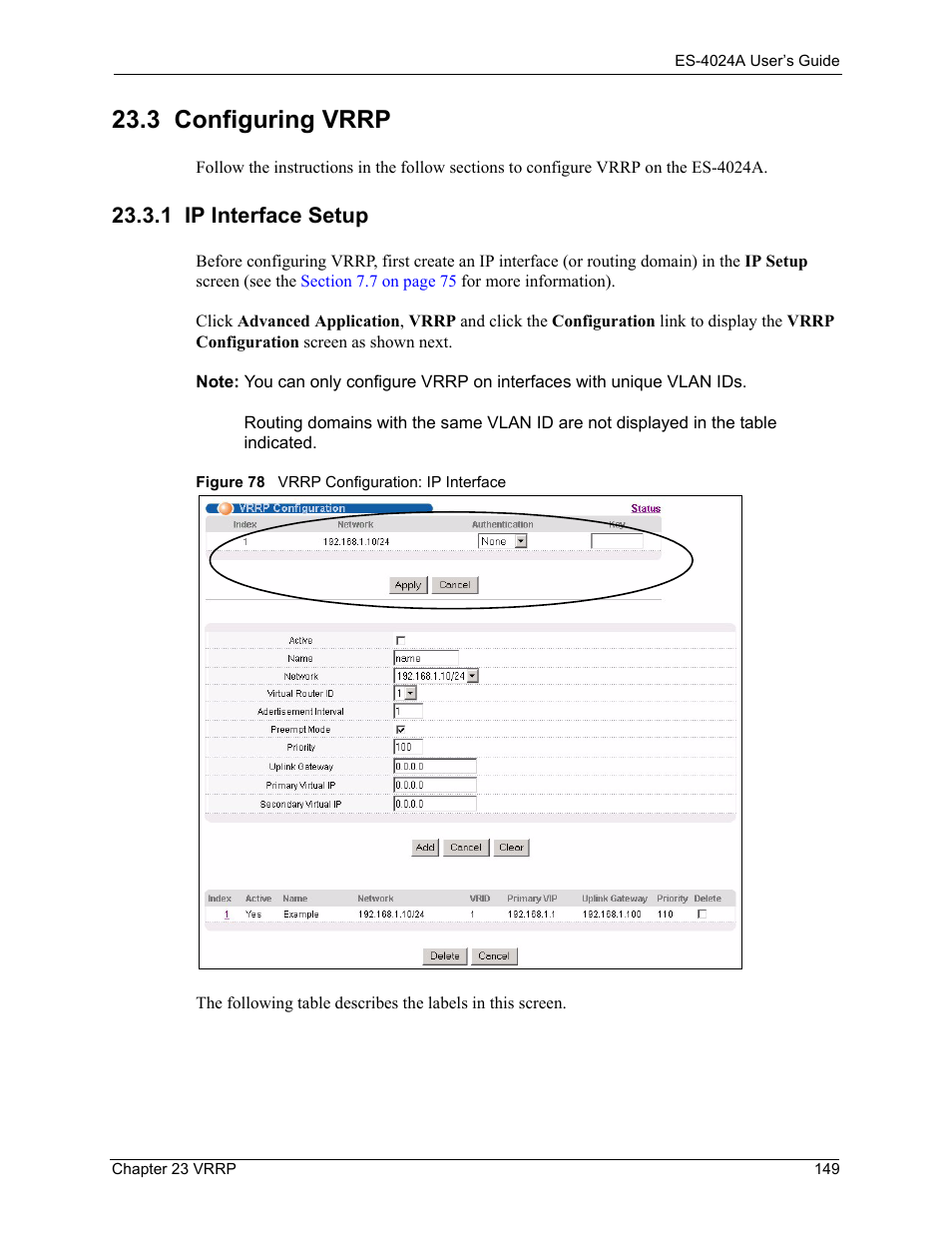 3 configuring vrrp, 1 ip interface setup, Figure 78 vrrp configuration: ip interface | ZyXEL Communications ZyXEL Dimension ES-4024 User Manual | Page 150 / 284