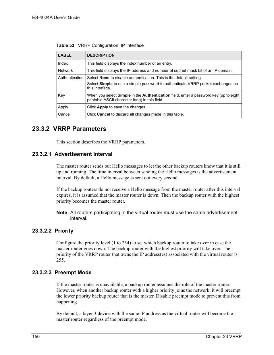 2 vrrp parameters, 1 advertisement interval, 2 priority | 3 preempt mode, 2 priority 23.3.2.3 preempt mode, Table 53 vrrp configuration: ip interface | ZyXEL Communications ZyXEL Dimension ES-4024 User Manual | Page 151 / 284
