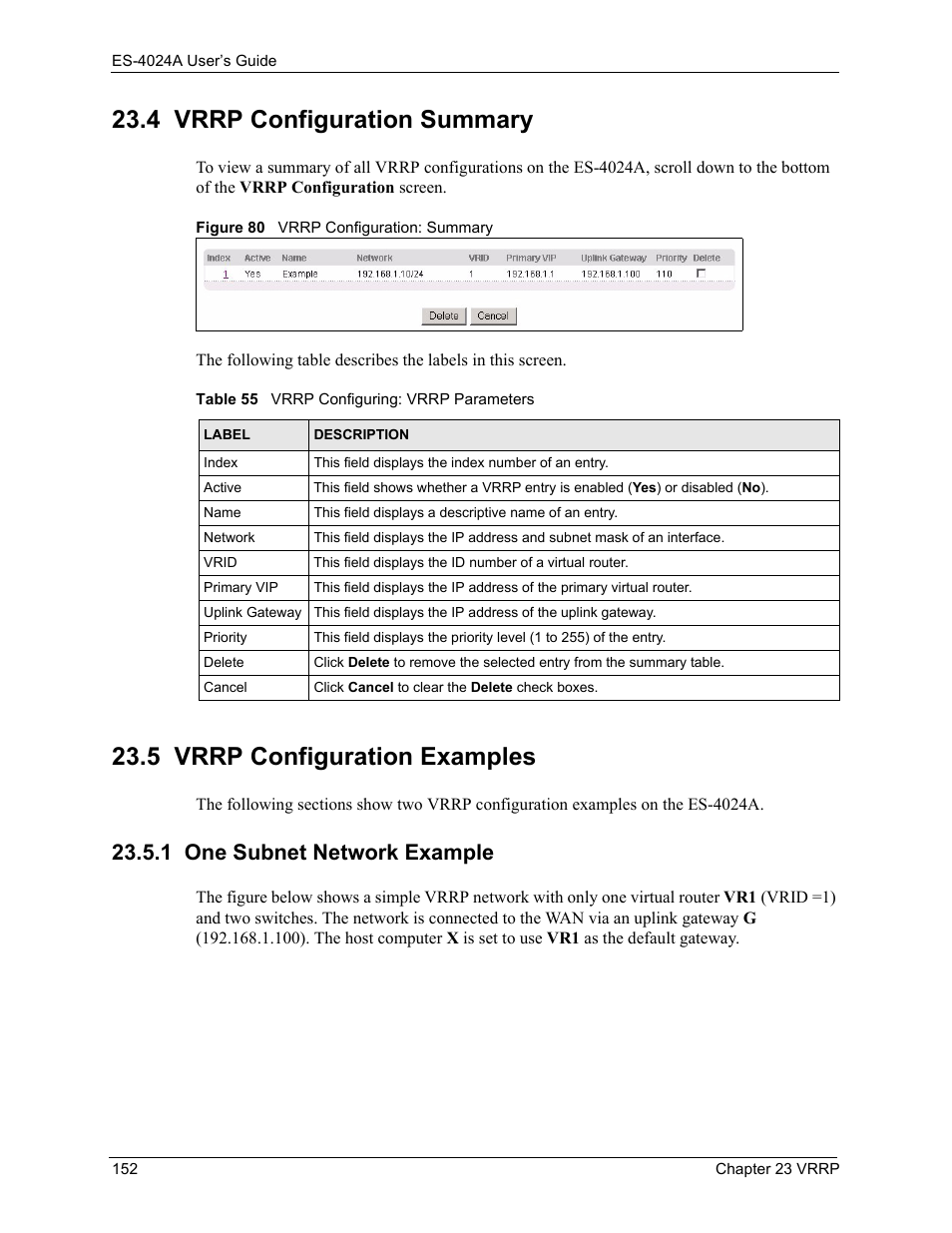 4 vrrp configuration summary, 5 vrrp configuration examples, 1 one subnet network example | Figure 80 vrrp configuration: summary, Table 55 vrrp configuring: vrrp parameters | ZyXEL Communications ZyXEL Dimension ES-4024 User Manual | Page 153 / 284