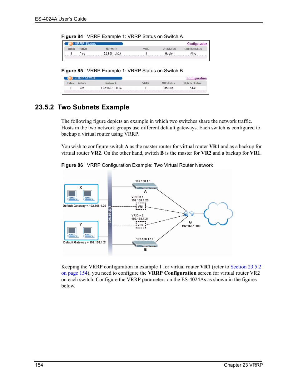 2 two subnets example | ZyXEL Communications ZyXEL Dimension ES-4024 User Manual | Page 155 / 284