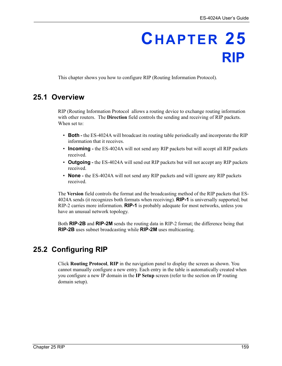 1 overview, 2 configuring rip, Chapter 25 rip | 1 overview 25.2 configuring rip | ZyXEL Communications ZyXEL Dimension ES-4024 User Manual | Page 160 / 284