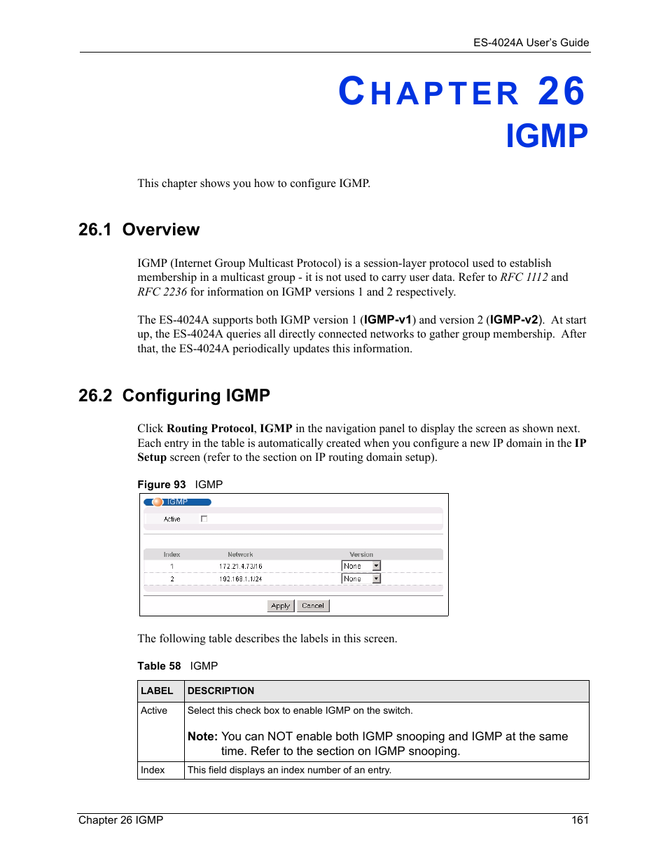 Igmp, 1 overview, 2 configuring igmp | Chapter 26 igmp, 1 overview 26.2 configuring igmp, Figure 93 igmp, Table 58 igmp | ZyXEL Communications ZyXEL Dimension ES-4024 User Manual | Page 162 / 284