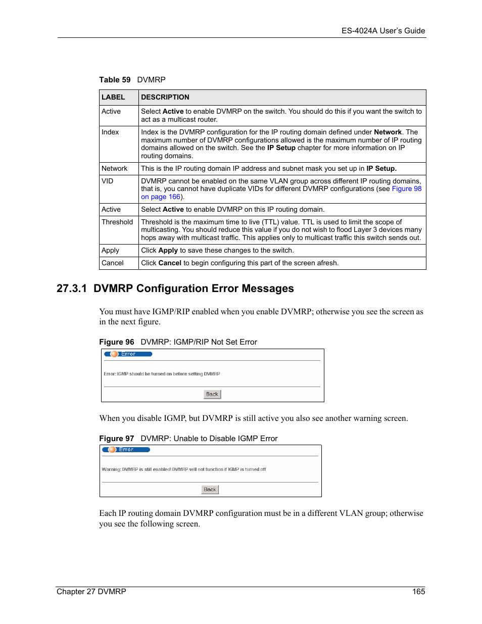1 dvmrp configuration error messages, Table 59 dvmrp | ZyXEL Communications ZyXEL Dimension ES-4024 User Manual | Page 166 / 284