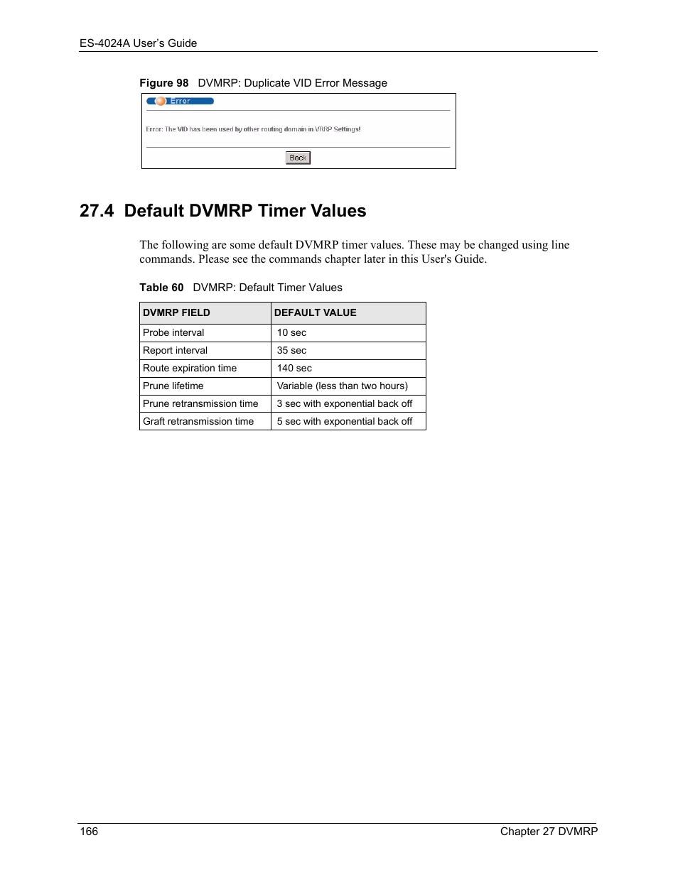 4 default dvmrp timer values, Figure 98 dvmrp: duplicate vid error message, Table 60 dvmrp: default timer values | ZyXEL Communications ZyXEL Dimension ES-4024 User Manual | Page 167 / 284
