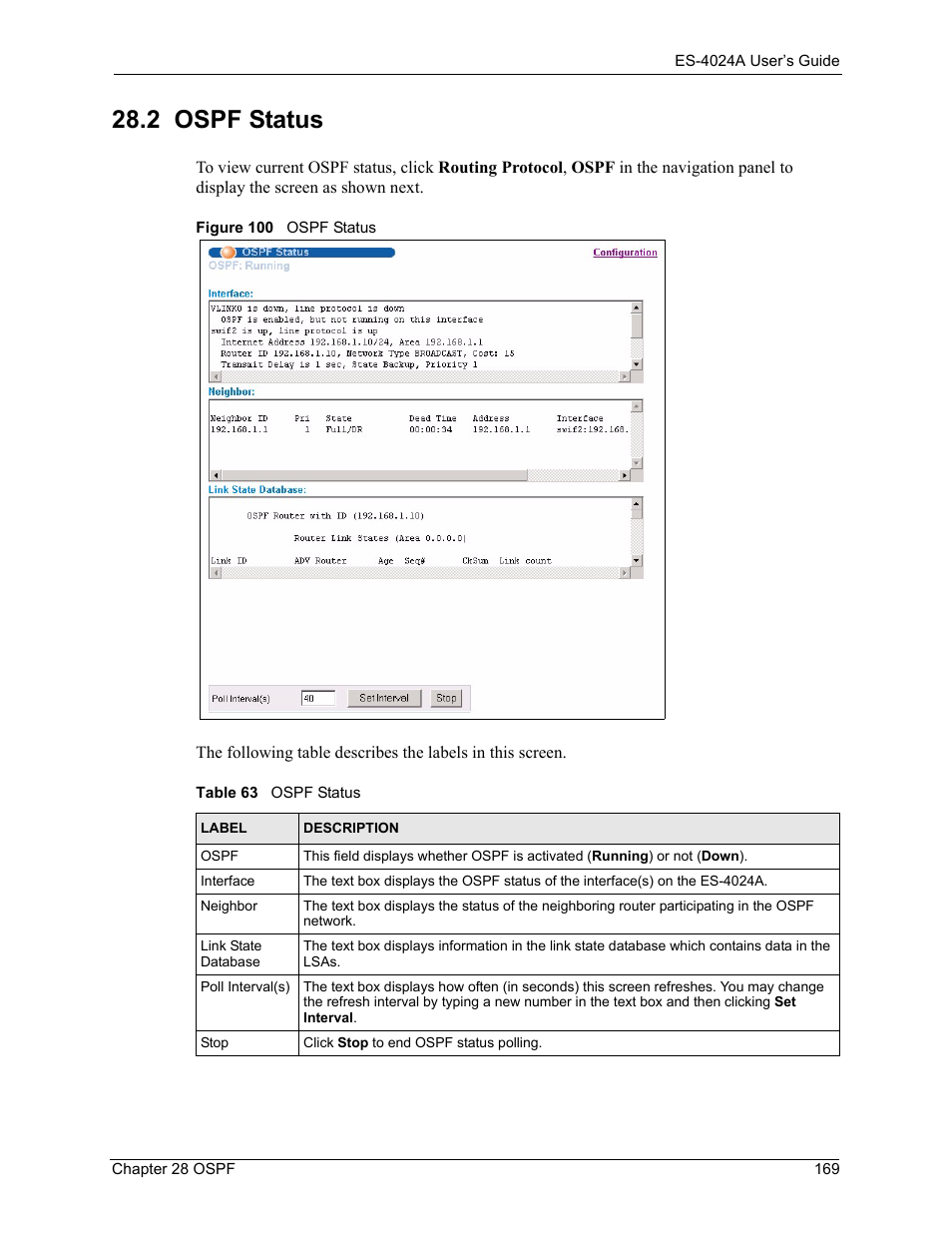 2 ospf status, Figure 100 ospf status, Table 63 ospf status | ZyXEL Communications ZyXEL Dimension ES-4024 User Manual | Page 170 / 284