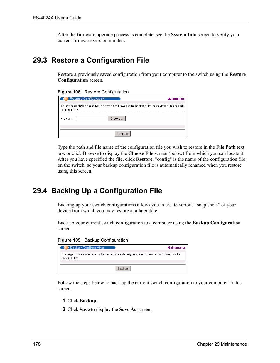 3 restore a configuration file, 4 backing up a configuration file | ZyXEL Communications ZyXEL Dimension ES-4024 User Manual | Page 179 / 284