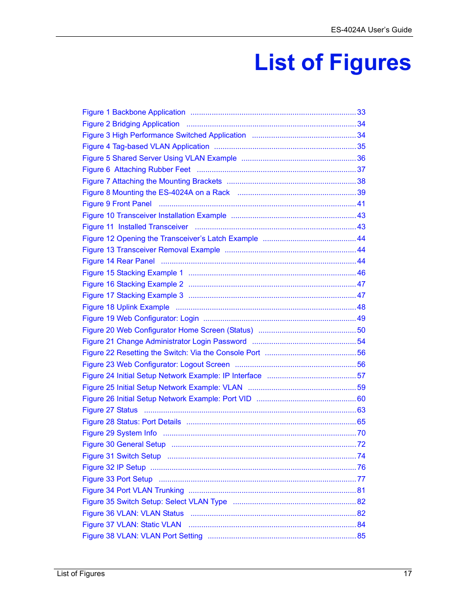 List of figures | ZyXEL Communications ZyXEL Dimension ES-4024 User Manual | Page 18 / 284