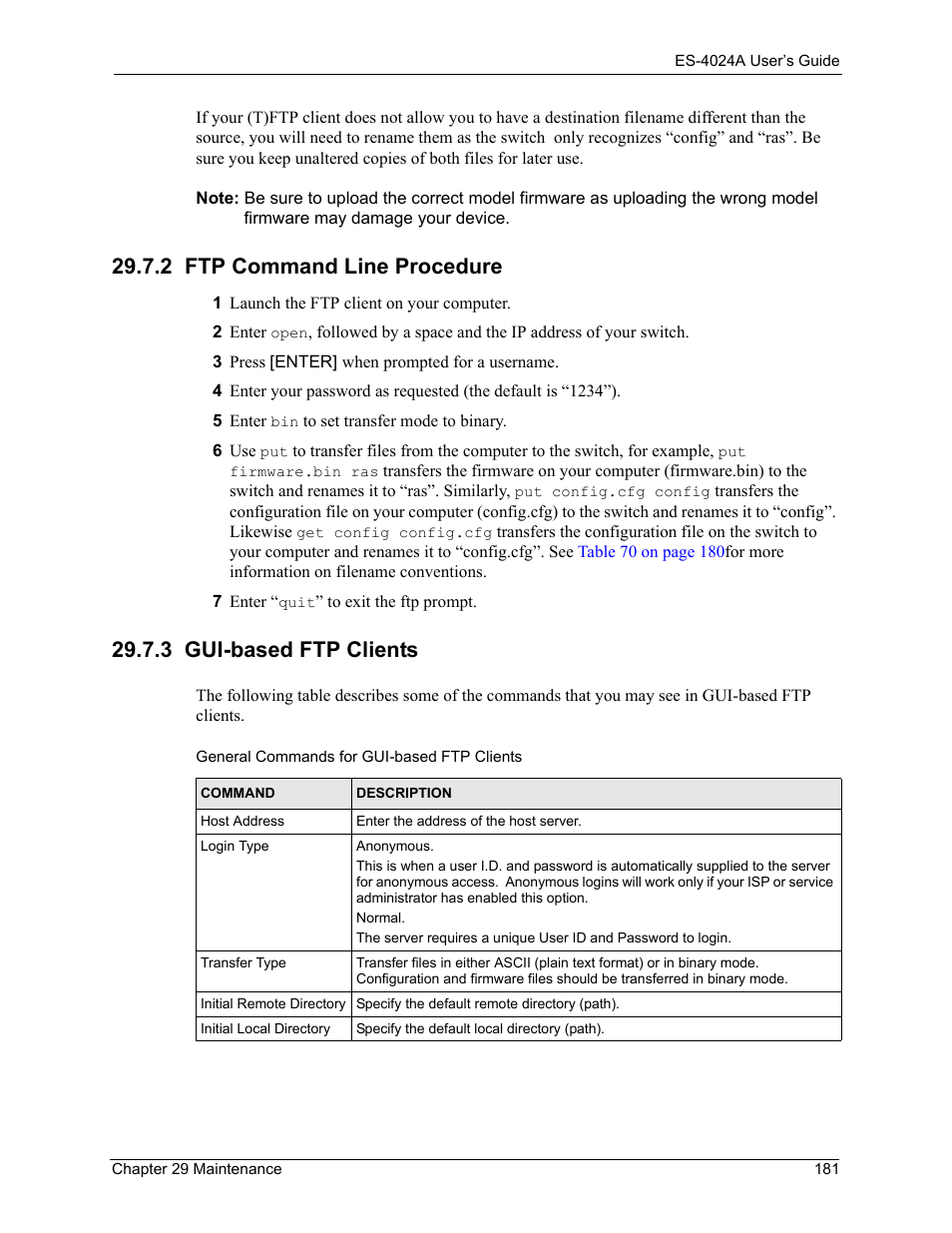 2 ftp command line procedure, 3 gui-based ftp clients | ZyXEL Communications ZyXEL Dimension ES-4024 User Manual | Page 182 / 284