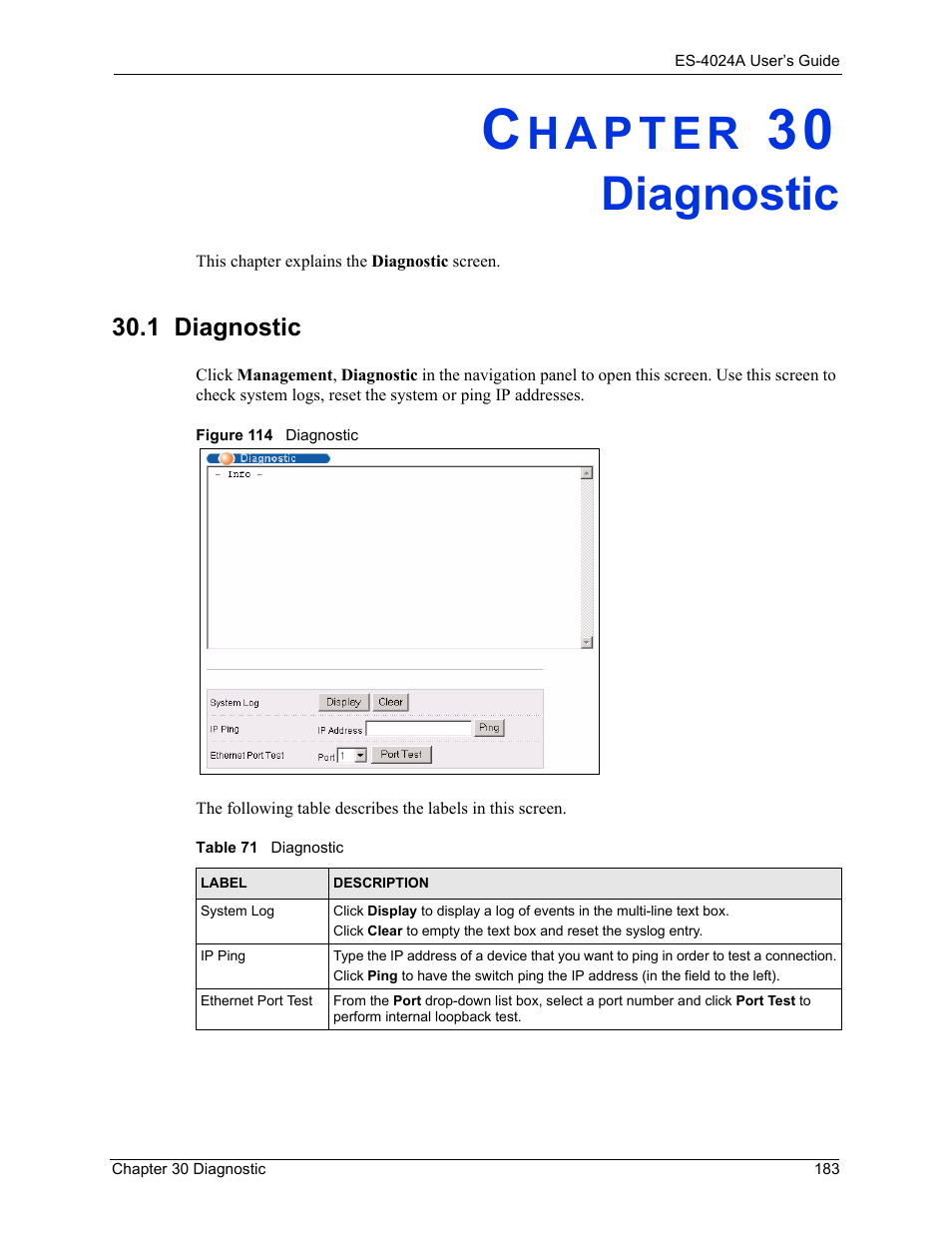 Diagnostic, 1 diagnostic, Chapter 30 diagnostic | Figure 114 diagnostic, Table 71 diagnostic | ZyXEL Communications ZyXEL Dimension ES-4024 User Manual | Page 184 / 284