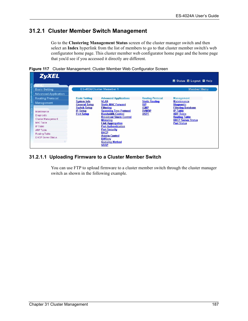 1 cluster member switch management, 1 uploading firmware to a cluster member switch | ZyXEL Communications ZyXEL Dimension ES-4024 User Manual | Page 188 / 284