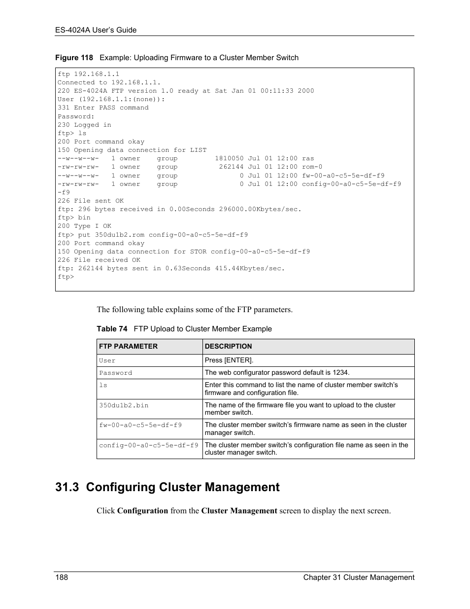 3 configuring cluster management, Table 74 ftp upload to cluster member example | ZyXEL Communications ZyXEL Dimension ES-4024 User Manual | Page 189 / 284
