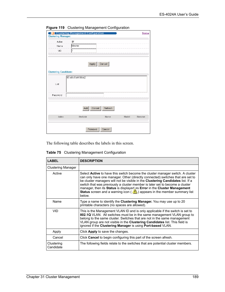Figure 119 clustering management configuration, Table 75 clustering management configuration | ZyXEL Communications ZyXEL Dimension ES-4024 User Manual | Page 190 / 284