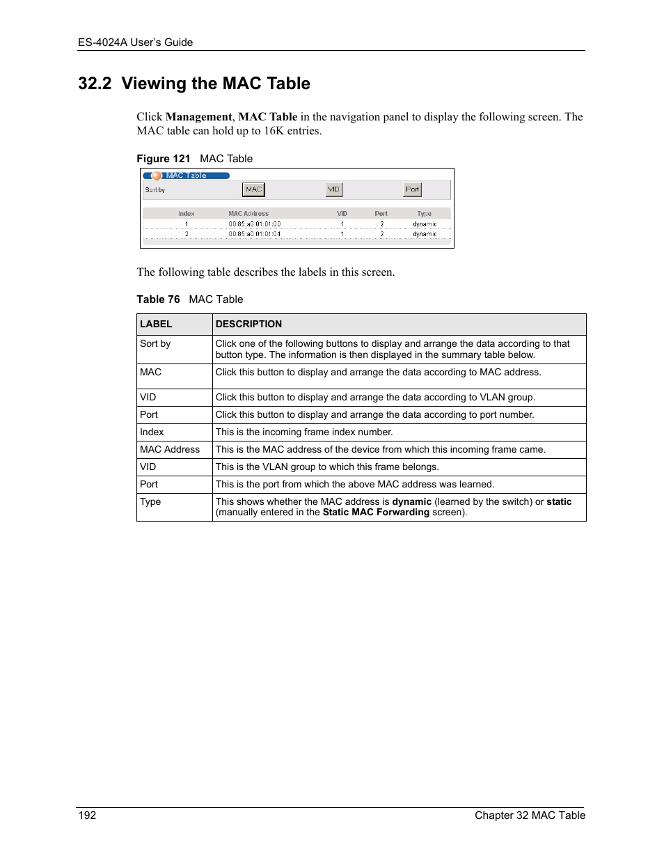 2 viewing the mac table, Figure 121 mac table, Table 76 mac table | ZyXEL Communications ZyXEL Dimension ES-4024 User Manual | Page 193 / 284