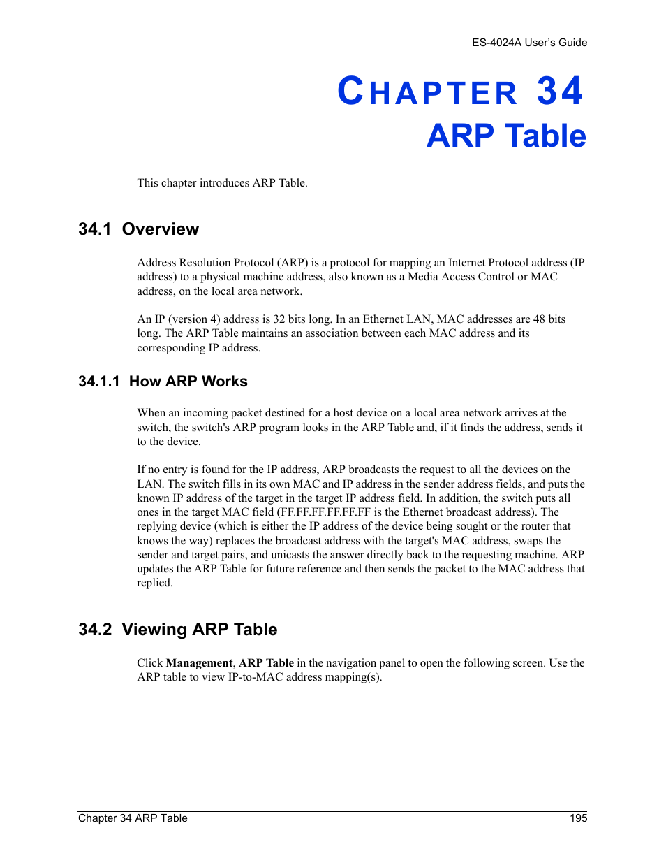 Arp table, 1 overview, 1 how arp works | 2 viewing arp table, Chapter 34 arp table | ZyXEL Communications ZyXEL Dimension ES-4024 User Manual | Page 196 / 284