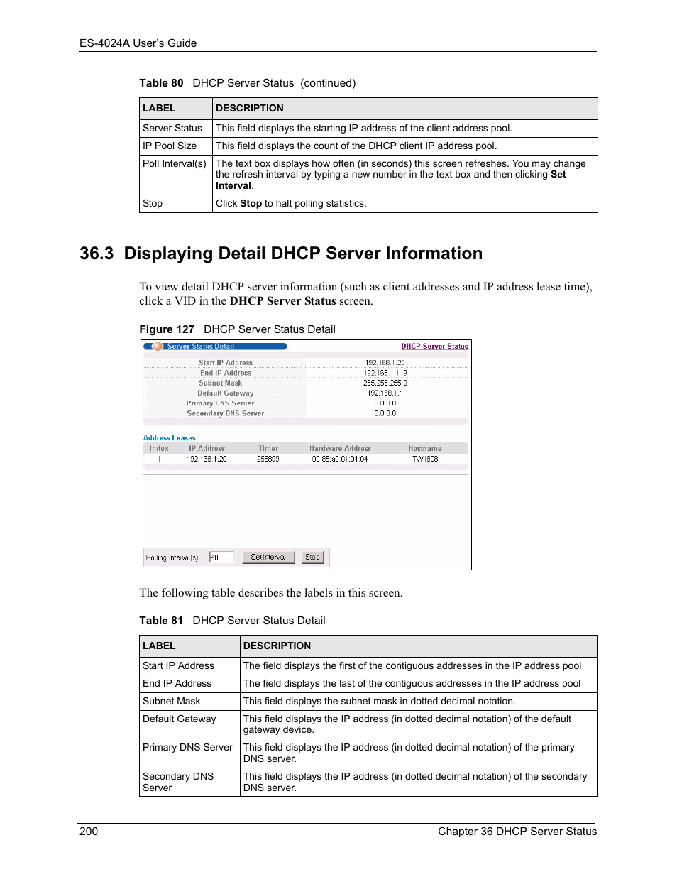 3 displaying detail dhcp server information, Figure 127 dhcp server status detail, Table 81 dhcp server status detail | ZyXEL Communications ZyXEL Dimension ES-4024 User Manual | Page 201 / 284