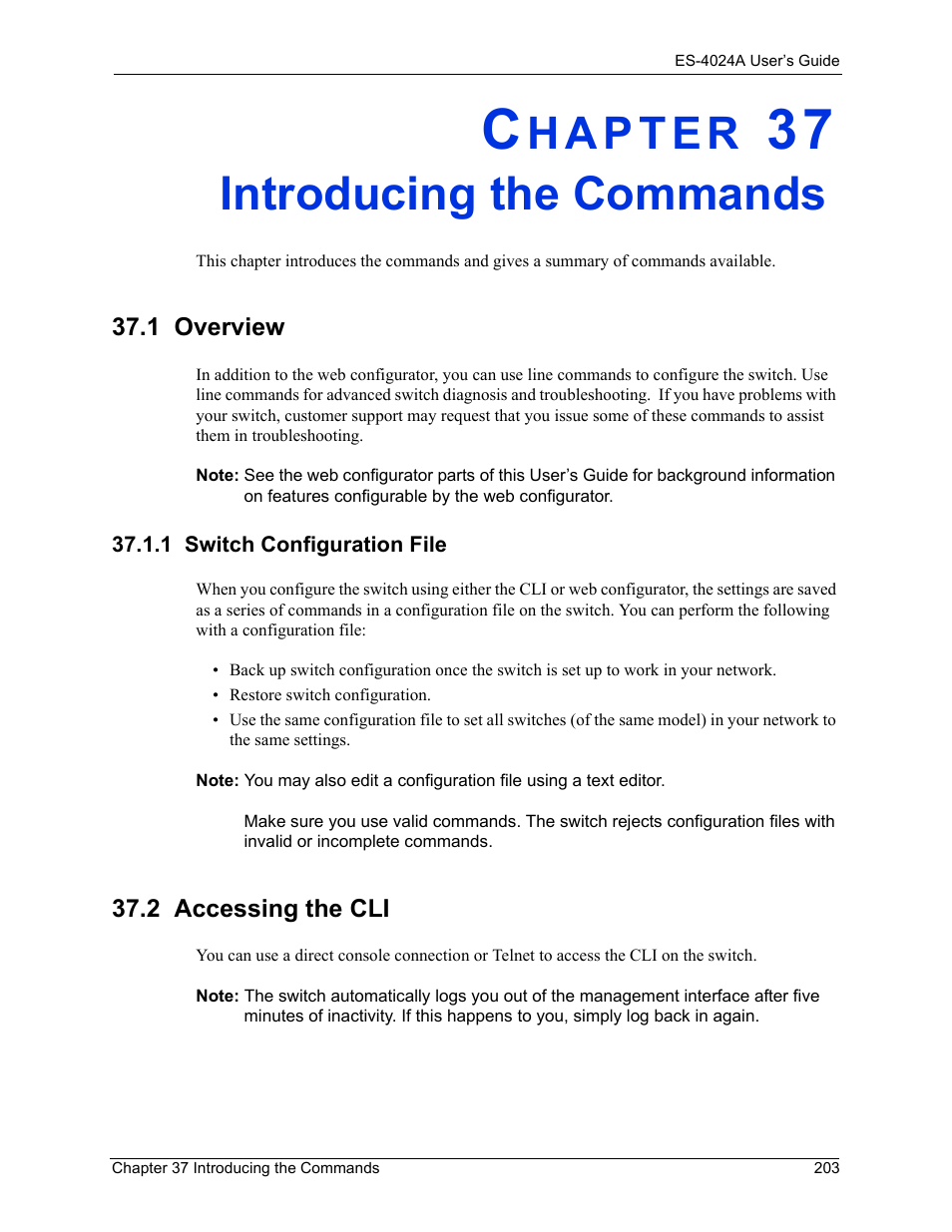 Introducing the commands, 1 overview, 1 switch configuration file | 2 accessing the cli, Chapter 37 introducing the commands | ZyXEL Communications ZyXEL Dimension ES-4024 User Manual | Page 204 / 284