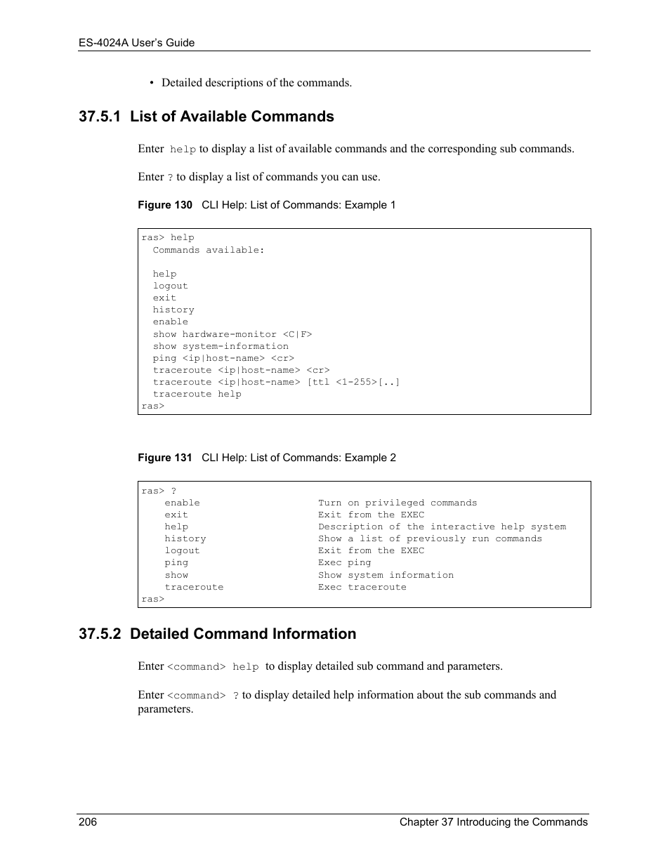 1 list of available commands, 2 detailed command information | ZyXEL Communications ZyXEL Dimension ES-4024 User Manual | Page 207 / 284