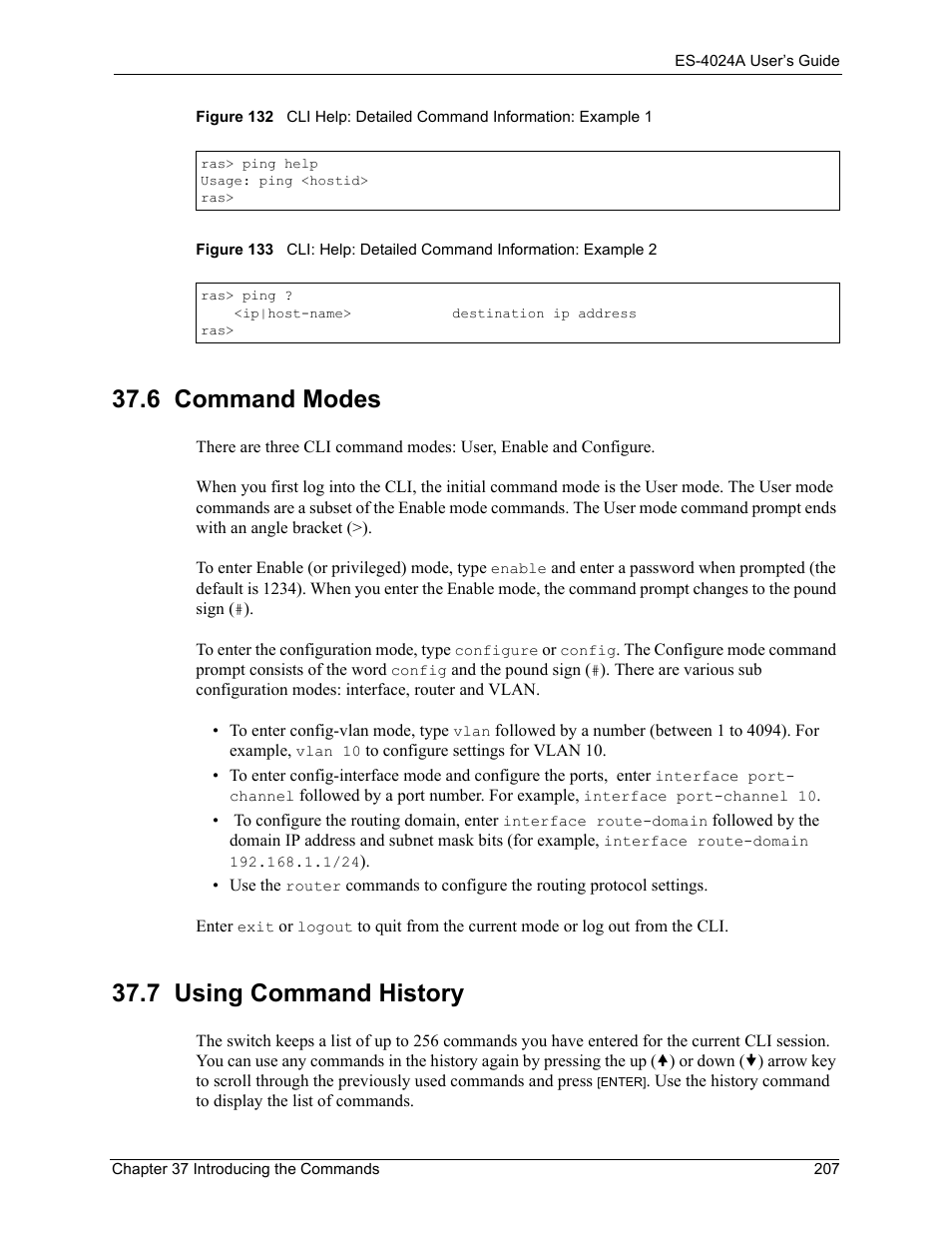 6 command modes, 7 using command history, 6 command modes 37.7 using command history | ZyXEL Communications ZyXEL Dimension ES-4024 User Manual | Page 208 / 284