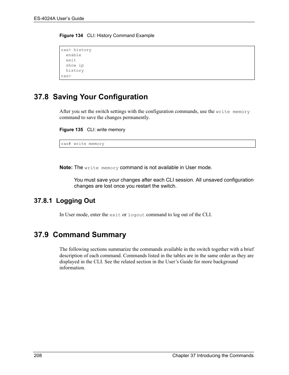 8 saving your configuration, 1 logging out, 9 command summary | ZyXEL Communications ZyXEL Dimension ES-4024 User Manual | Page 209 / 284