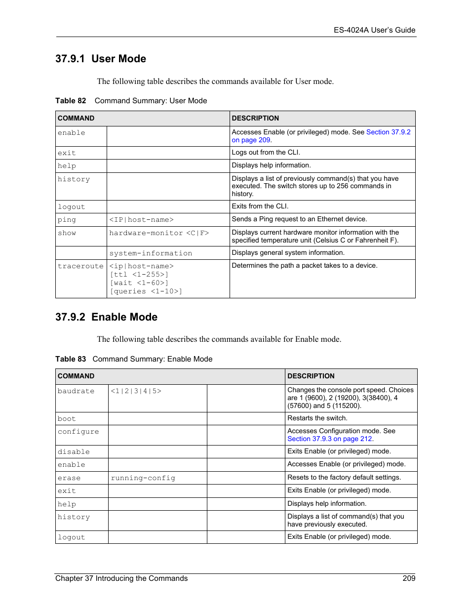 1 user mode, 2 enable mode, 1 user mode 37.9.2 enable mode | ZyXEL Communications ZyXEL Dimension ES-4024 User Manual | Page 210 / 284