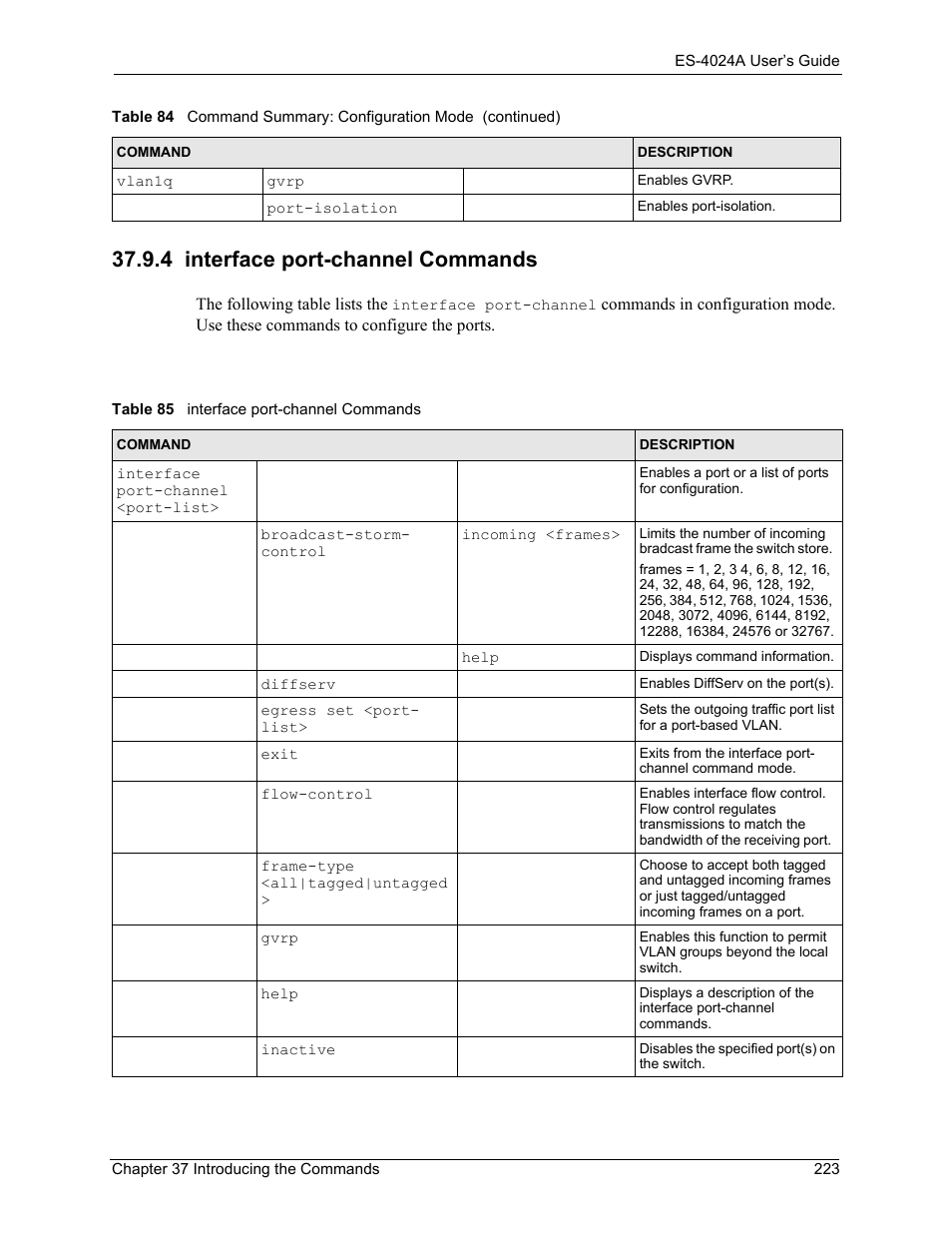 4 interface port-channel commands, Table 85 interface port-channel commands, Section | ZyXEL Communications ZyXEL Dimension ES-4024 User Manual | Page 224 / 284