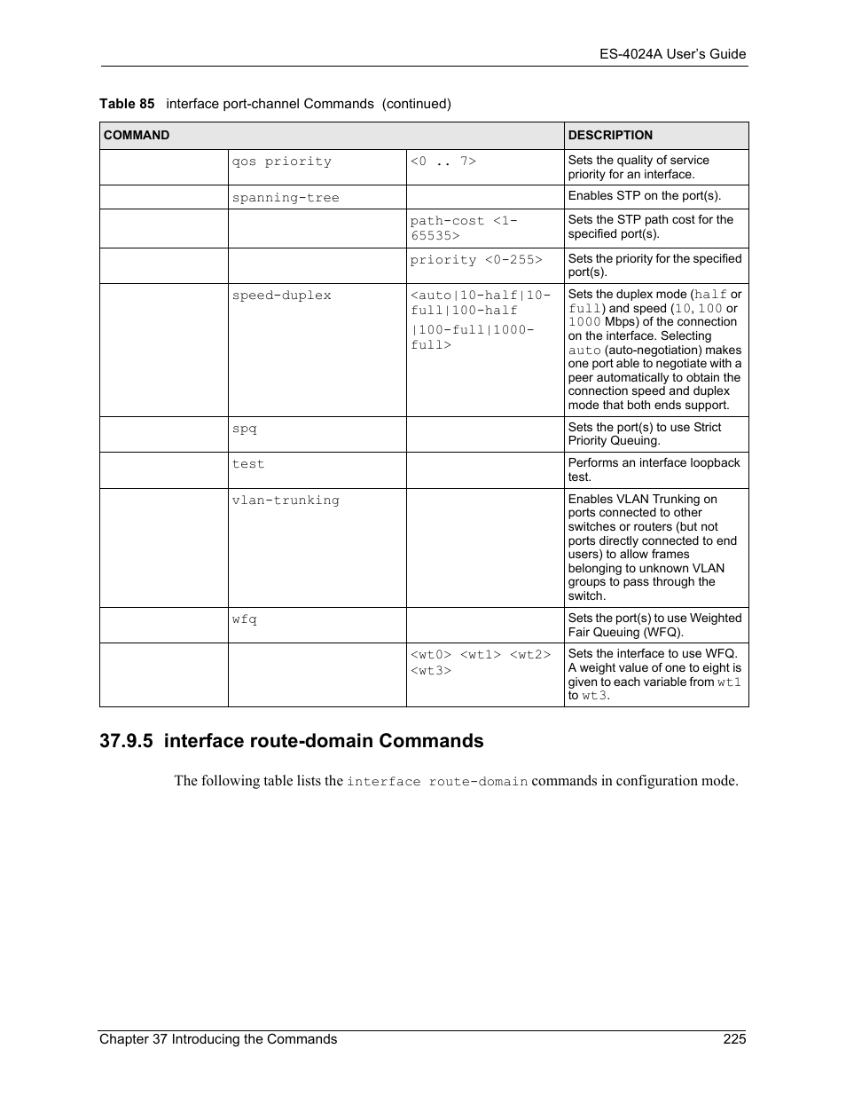 5 interface route-domain commands, Section | ZyXEL Communications ZyXEL Dimension ES-4024 User Manual | Page 226 / 284
