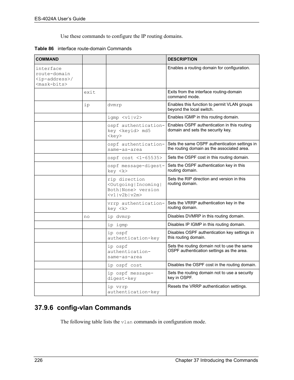 6 config-vlan commands, Table 86 interface route-domain commands, Section 37.9.6 on | ZyXEL Communications ZyXEL Dimension ES-4024 User Manual | Page 227 / 284