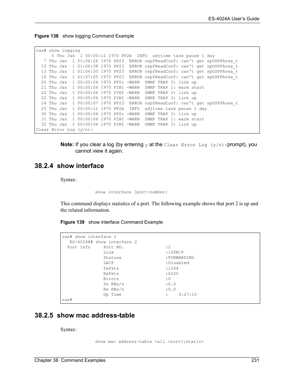 4 show interface, 5 show mac address-table, 4 show interface 38.2.5 show mac address-table | ZyXEL Communications ZyXEL Dimension ES-4024 User Manual | Page 232 / 284