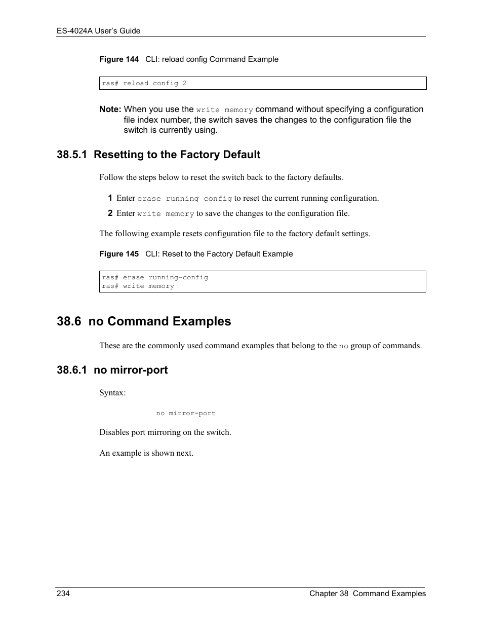 1 resetting to the factory default, 6 no command examples, 1 no mirror-port | ZyXEL Communications ZyXEL Dimension ES-4024 User Manual | Page 235 / 284