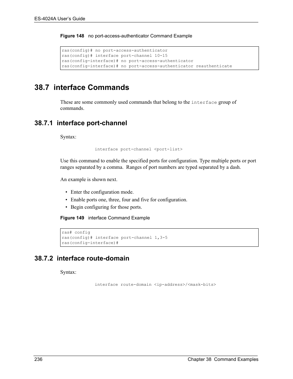 7 interface commands, 1 interface port-channel, 2 interface route-domain | ZyXEL Communications ZyXEL Dimension ES-4024 User Manual | Page 237 / 284