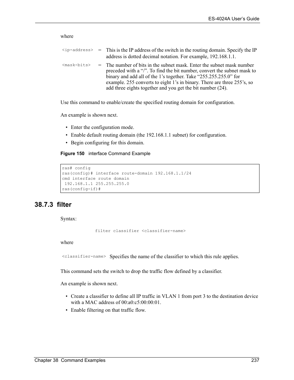 3 filter, Figure 150 interface command example | ZyXEL Communications ZyXEL Dimension ES-4024 User Manual | Page 238 / 284