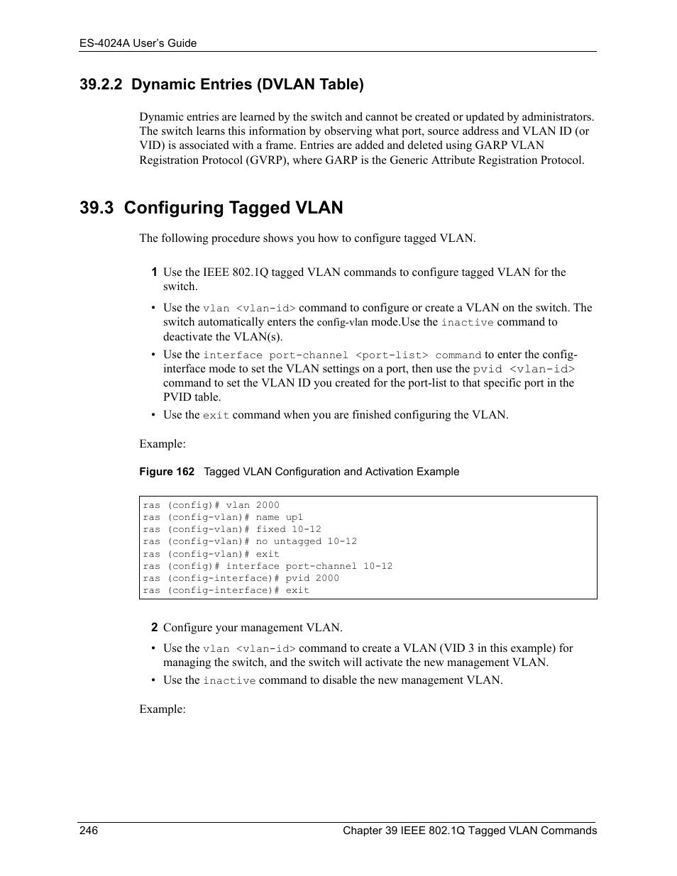 2 dynamic entries (dvlan table), 3 configuring tagged vlan | ZyXEL Communications ZyXEL Dimension ES-4024 User Manual | Page 247 / 284