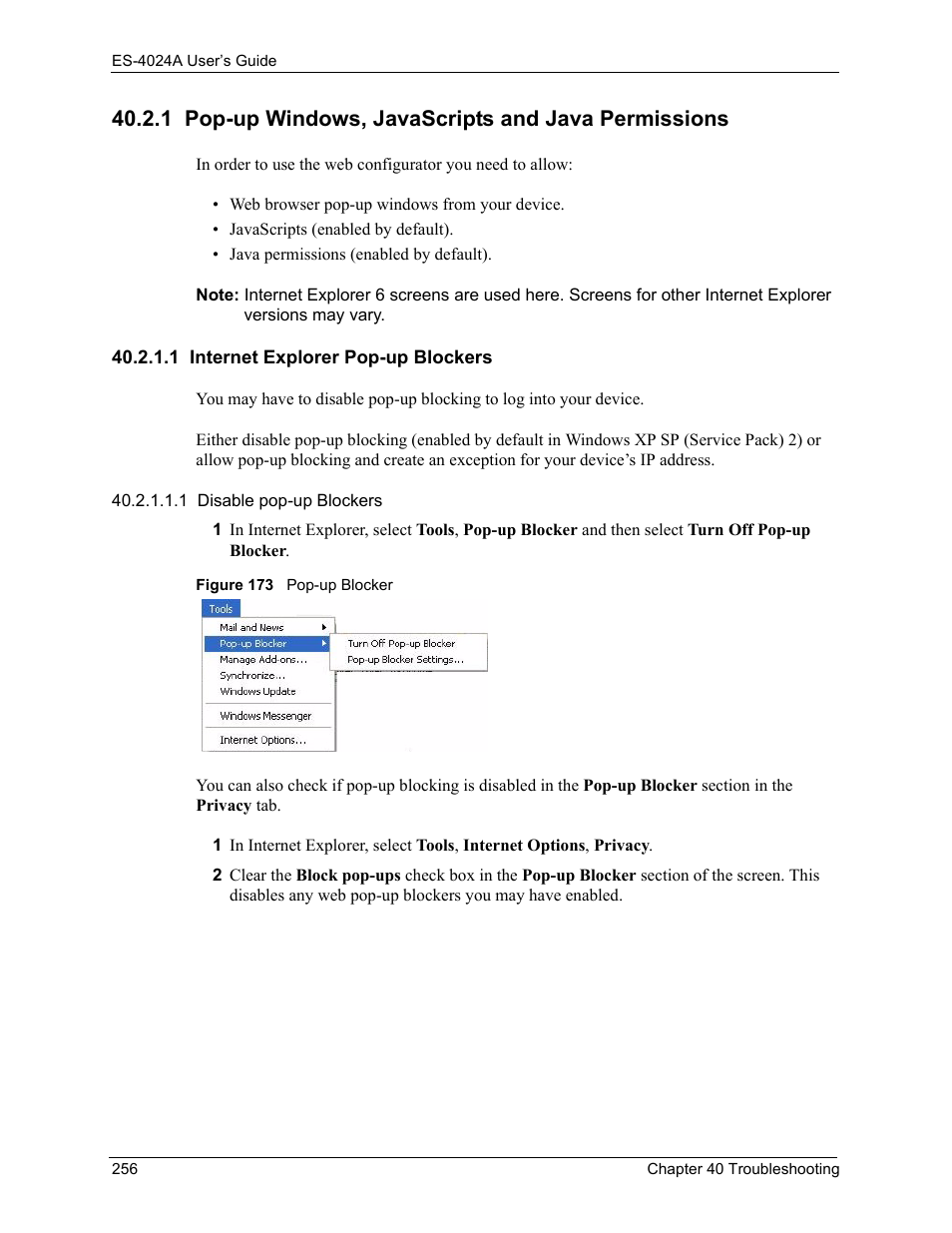 1 pop-up windows, javascripts and java permissions, 1 internet explorer pop-up blockers, Figure 173 pop-up blocker | ZyXEL Communications ZyXEL Dimension ES-4024 User Manual | Page 257 / 284