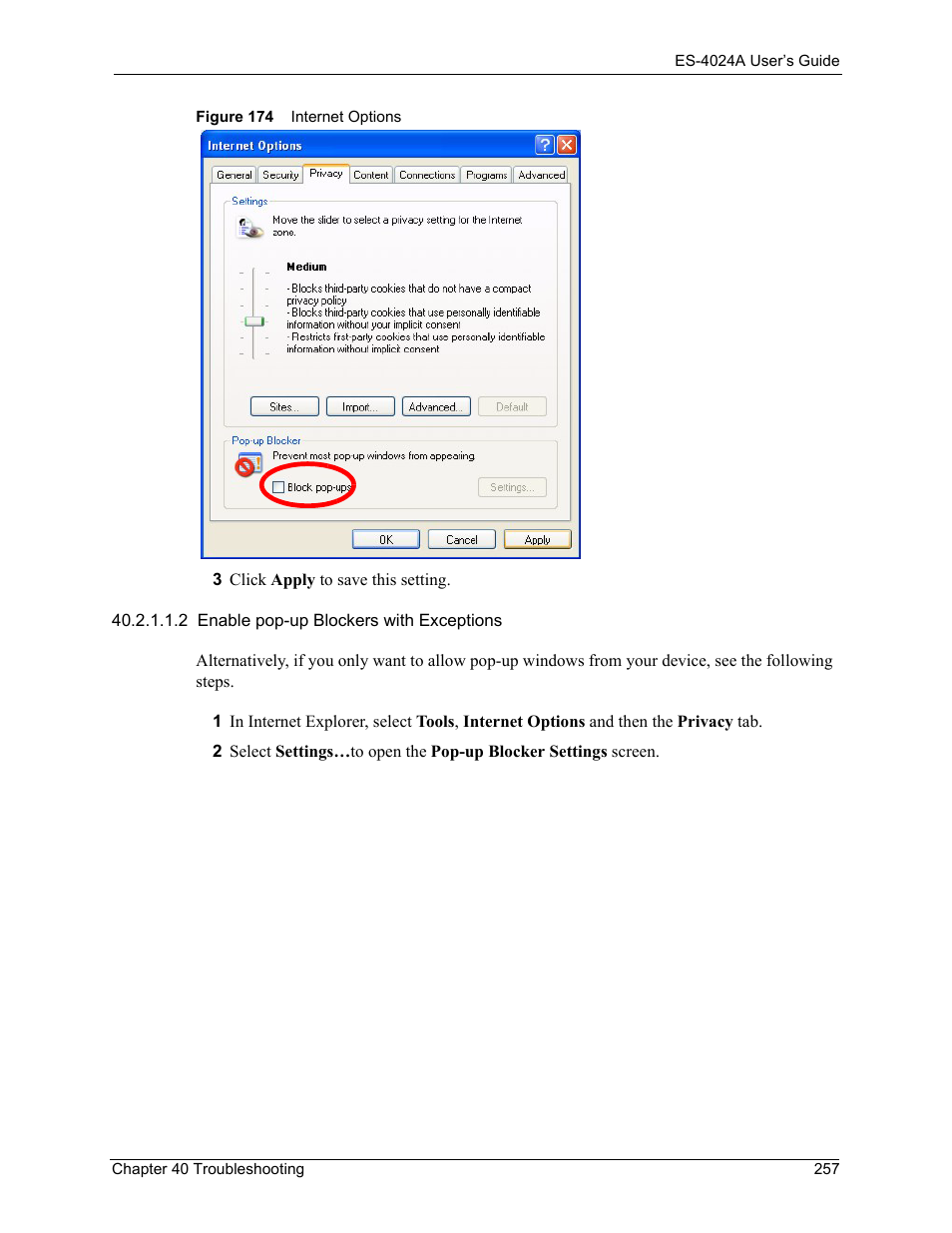 Figure 174 internet options | ZyXEL Communications ZyXEL Dimension ES-4024 User Manual | Page 258 / 284