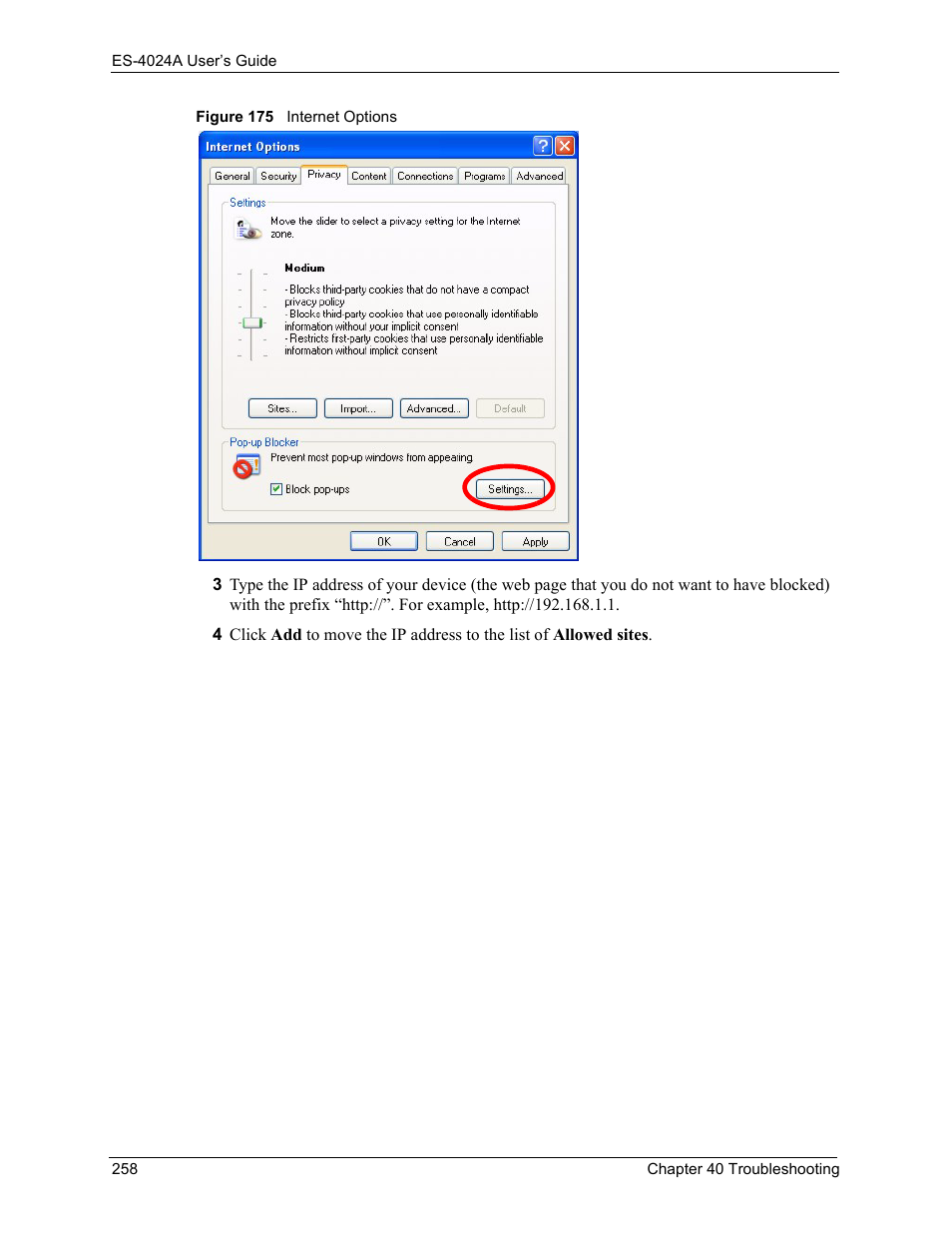 Figure 175 internet options | ZyXEL Communications ZyXEL Dimension ES-4024 User Manual | Page 259 / 284