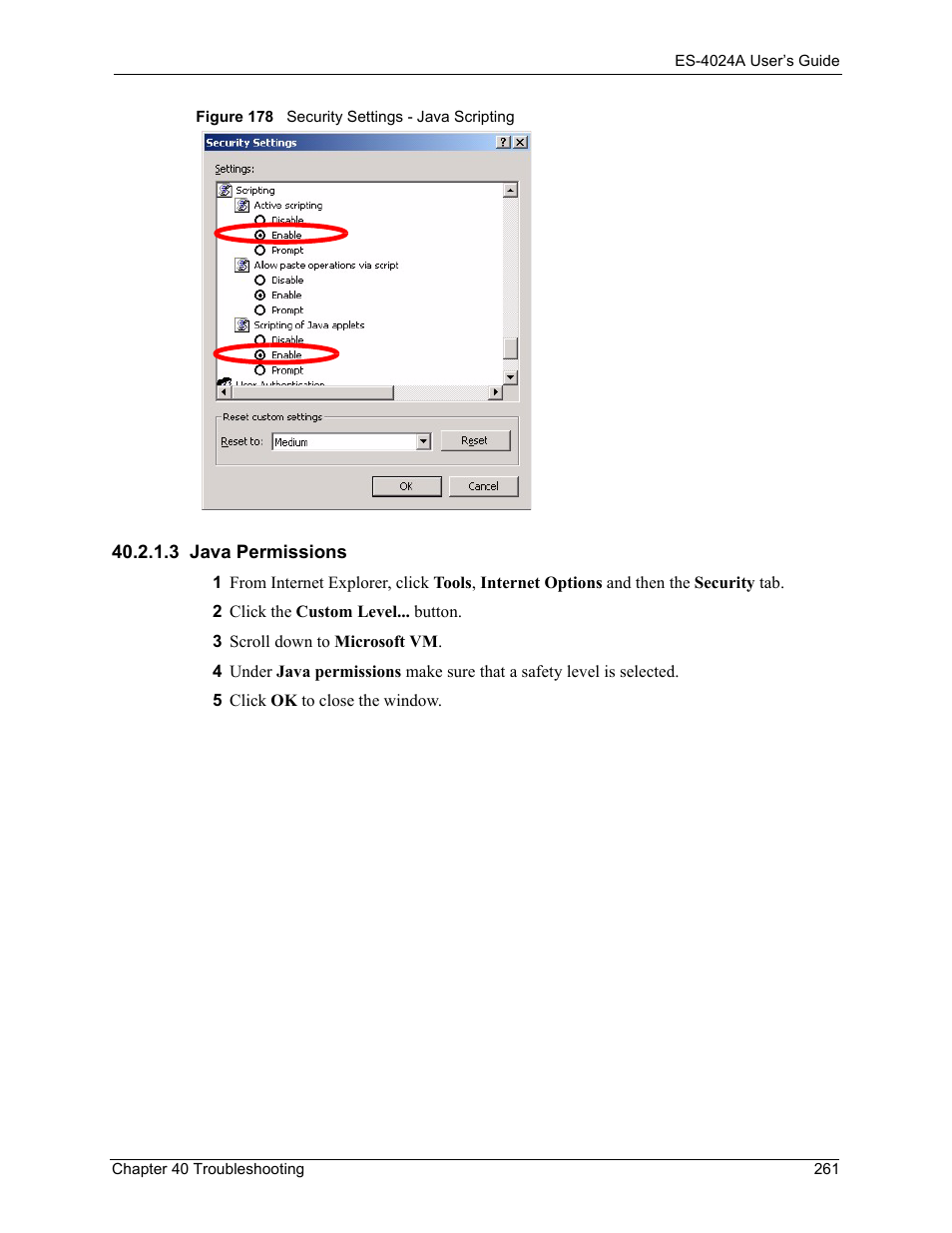 3 java permissions, Figure 178 security settings - java scripting | ZyXEL Communications ZyXEL Dimension ES-4024 User Manual | Page 262 / 284