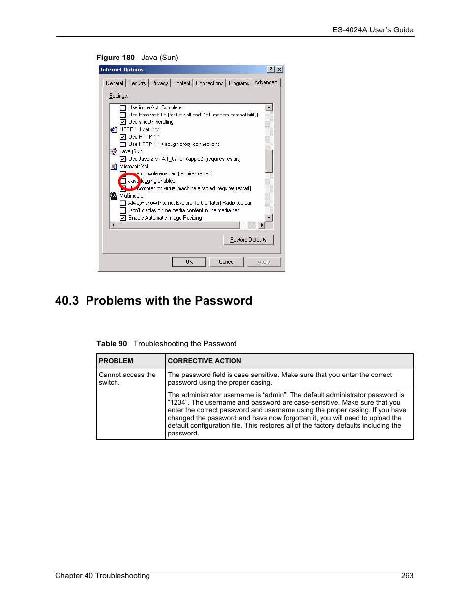 3 problems with the password, Figure 180 java (sun), Table 90 troubleshooting the password | ZyXEL Communications ZyXEL Dimension ES-4024 User Manual | Page 264 / 284